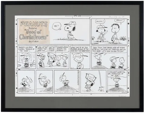Charles M. Schulz, Original 1969 Peanuts Cartoon Strip: Rookie of the Year, 1969, ink over graphite on Bristol board
