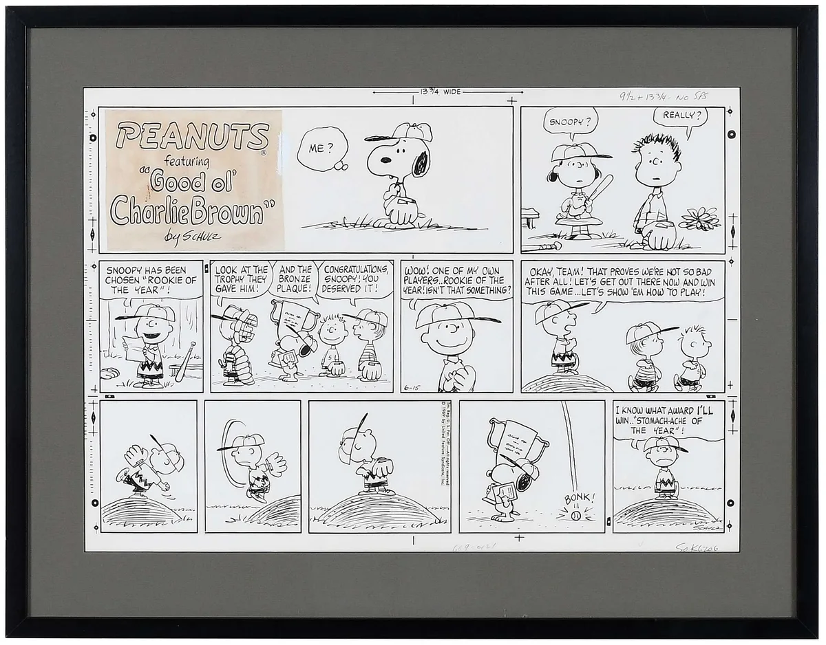 Charles M. Schulz, Original 1969 Peanuts Cartoon Strip: Rookie of the Year, 1969, ink over graphite on Bristol board