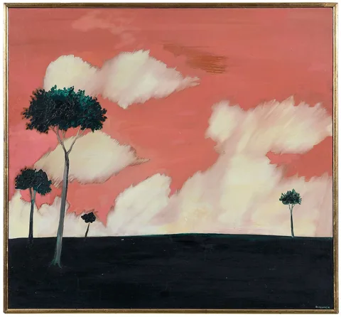 Landscape with Pink Sky by Ann Cooper, oil on board, sold Nov 2025