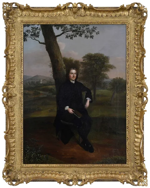Arthur Devis, Portrait of Thomas Starkie, of Frenchwood House, Preston, England, full-length, sitting by a tree, holding a book, circa 1749, oil on canvas
