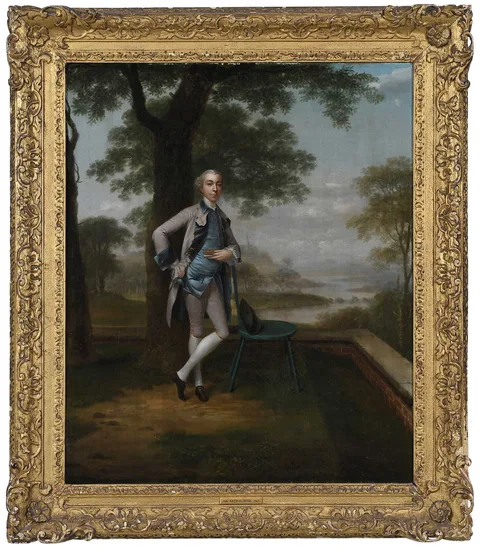 Arthur Devis, Portrait of a gentleman leaning against a painted chair on a terrace, oil on canvas