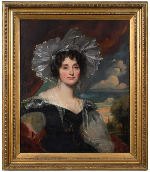 Sir Thomas Lawrence, Portrait of a Lady, in a lace cap, lace-trimmed gown, and watch chain, circa 1830, oil on canvas