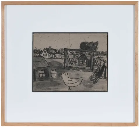 James Castle, Untitled, a double-sided drawing: Village with Duck recto and "Ross/For/Governor/White Think" verso, and charcoal on found paper