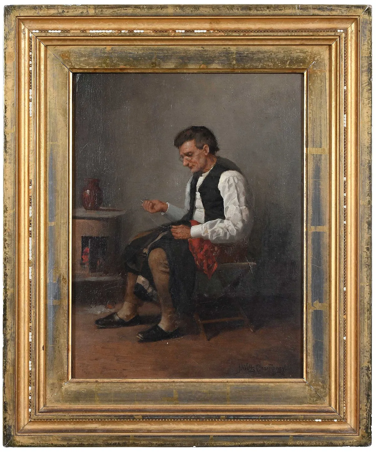 James Wells Champney, Never Too Late to Mend, oil on panel