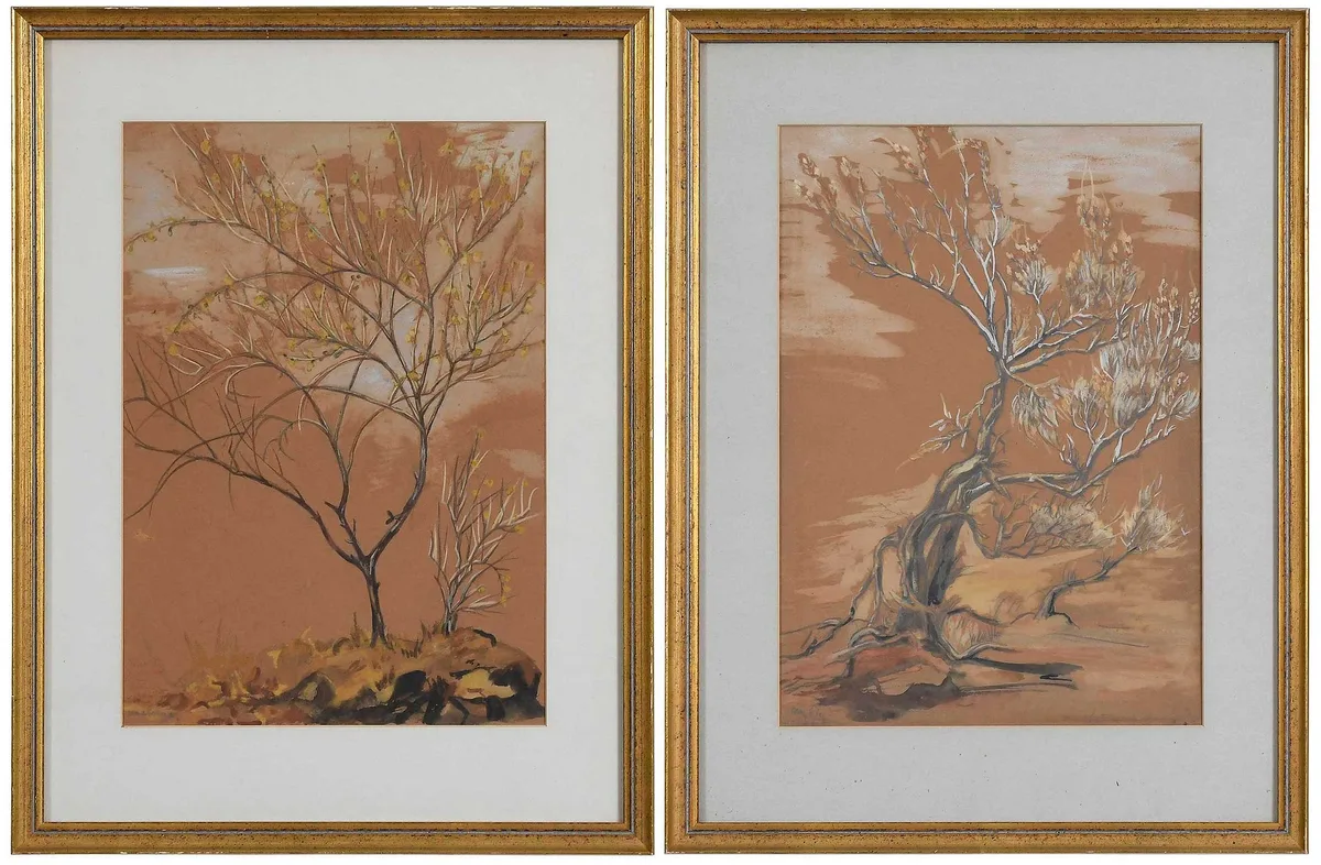 Two Landscape Drawings by Malvina Hoffman, watercolor and pencil on buff paper, sold Sep 2025