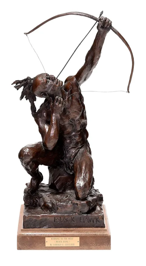 Lorenzo E. Ghiglieri, Black Hawk, 1983, patinated bronze on wood base