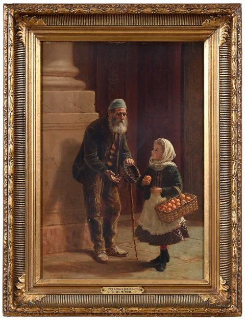 Two Cents Apiece, Sir by Thomas Waterman Wood, 1877, oil on canvas, sold May 2025