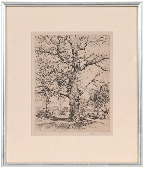 Childe Hassam, Wayside Inn-Oaks in Spring (E.1933.261, C. & C.1989.261), 1926, etching on paper