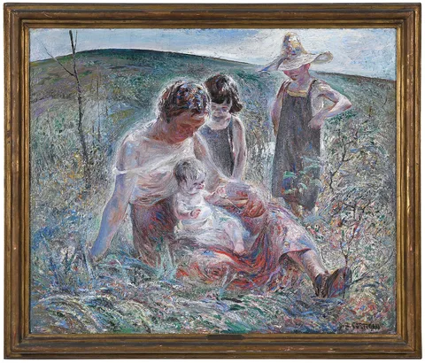 Mother and Three Children by John Edward Costigan, oil on canvas, sold May 2025