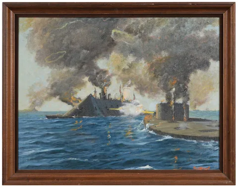 Paul Strayer, The Monitor and the Merrimac, oil on canvas