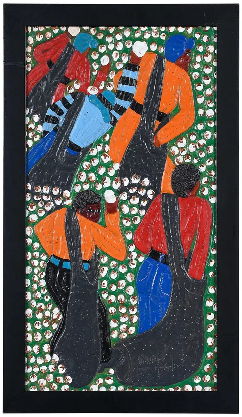 Winfred Rembert, Cotton Pickers, dye on carved and tooled leather