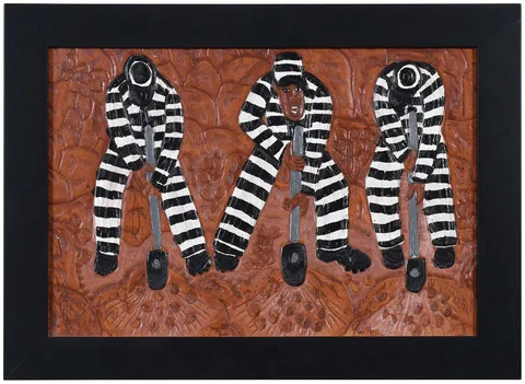 Winfred Rembert, Chain Gang, dye on carved and tooled leather