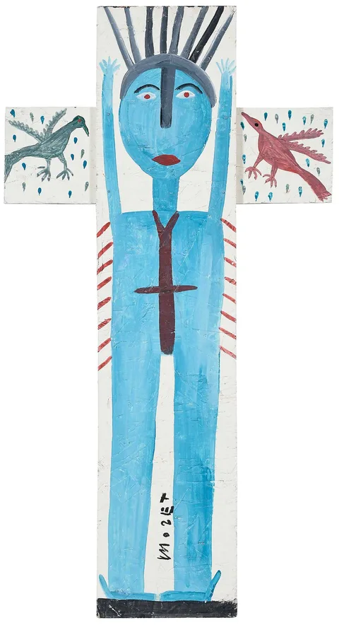 Jesus on the Cross by Mose Tolliver, paint on board, sold May 2025