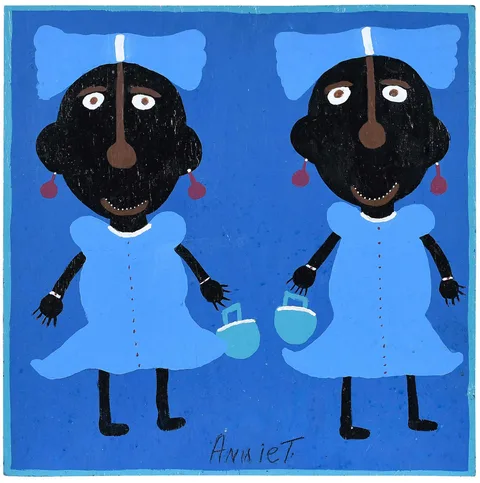 Annie Tolliver, Two Blue Africa Twins Carrying Water, 1993, paint on board