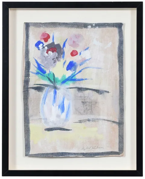 Sybil Gibson, Blue and White Vase with Flowers, tempera on brown paper bag