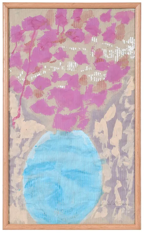 Sybil Gibson, Blue Vase with Pink Flowers, 1993, tempera on brown paper bag