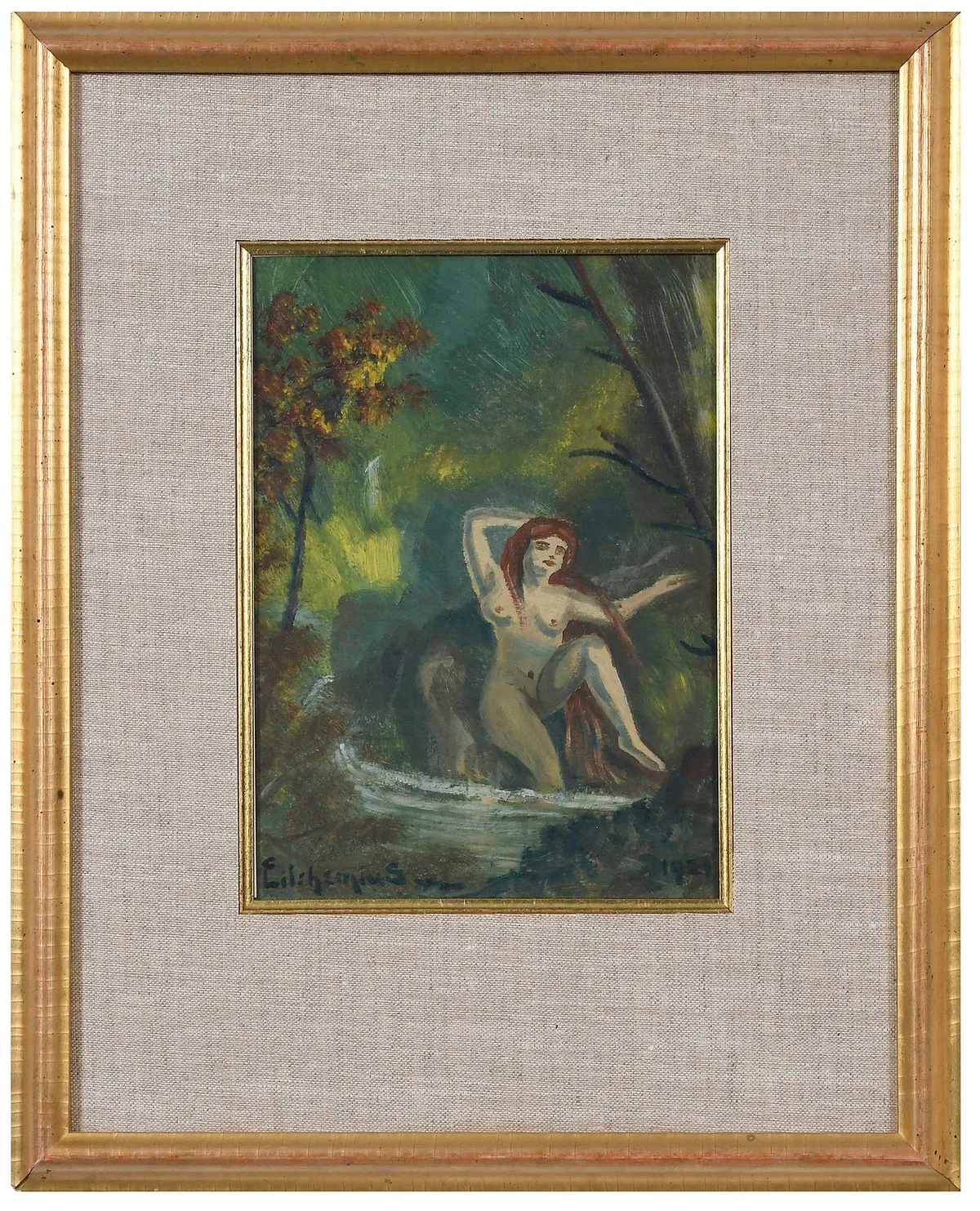 Untitled, Nude Bathing by Louis Eilshemius, oil on printed sheet music, sold Mar 2025
