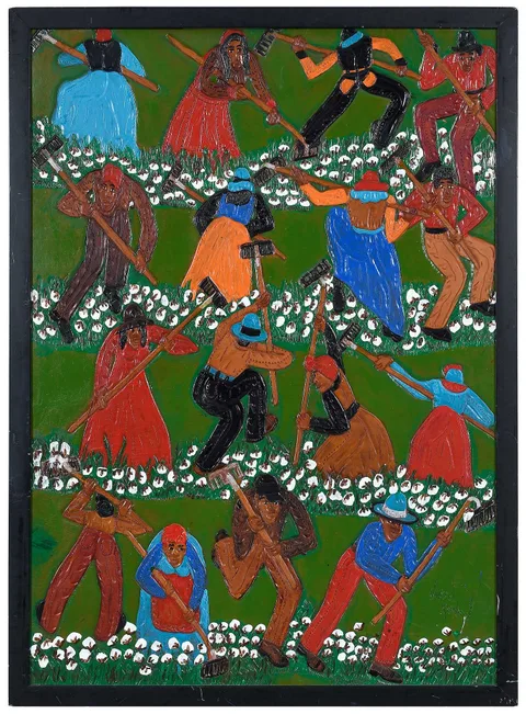 Winfred Rembert, Cotton Picking Scene with Self Portrait (bottom right corner), dye on carved and tooled leather mounted on wood