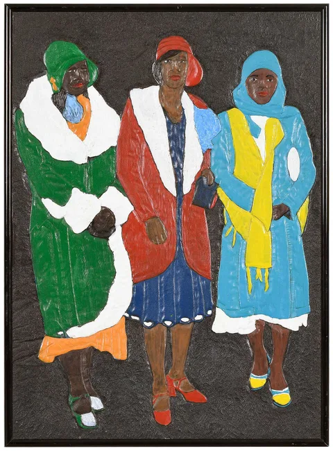Three Women by Winfred Rembert, dye on carved and tooled leather, offered Mar 2025