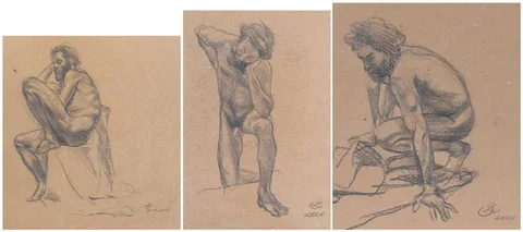 Ben Long, Three Male Nudes, graphite on brown paper