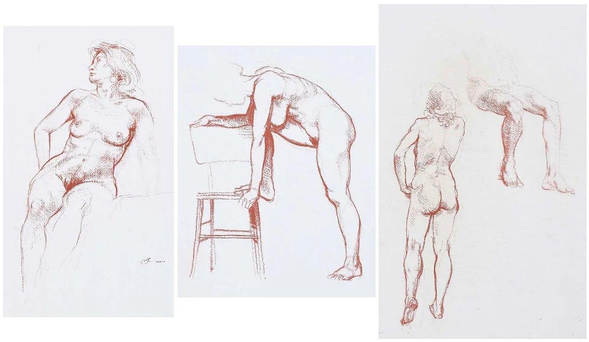 Ben Long, Three Nudes, red conte crayon on heavy primed paper