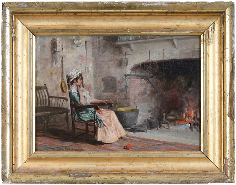 John Ward Dunsmore, By the Fire, oil on panel