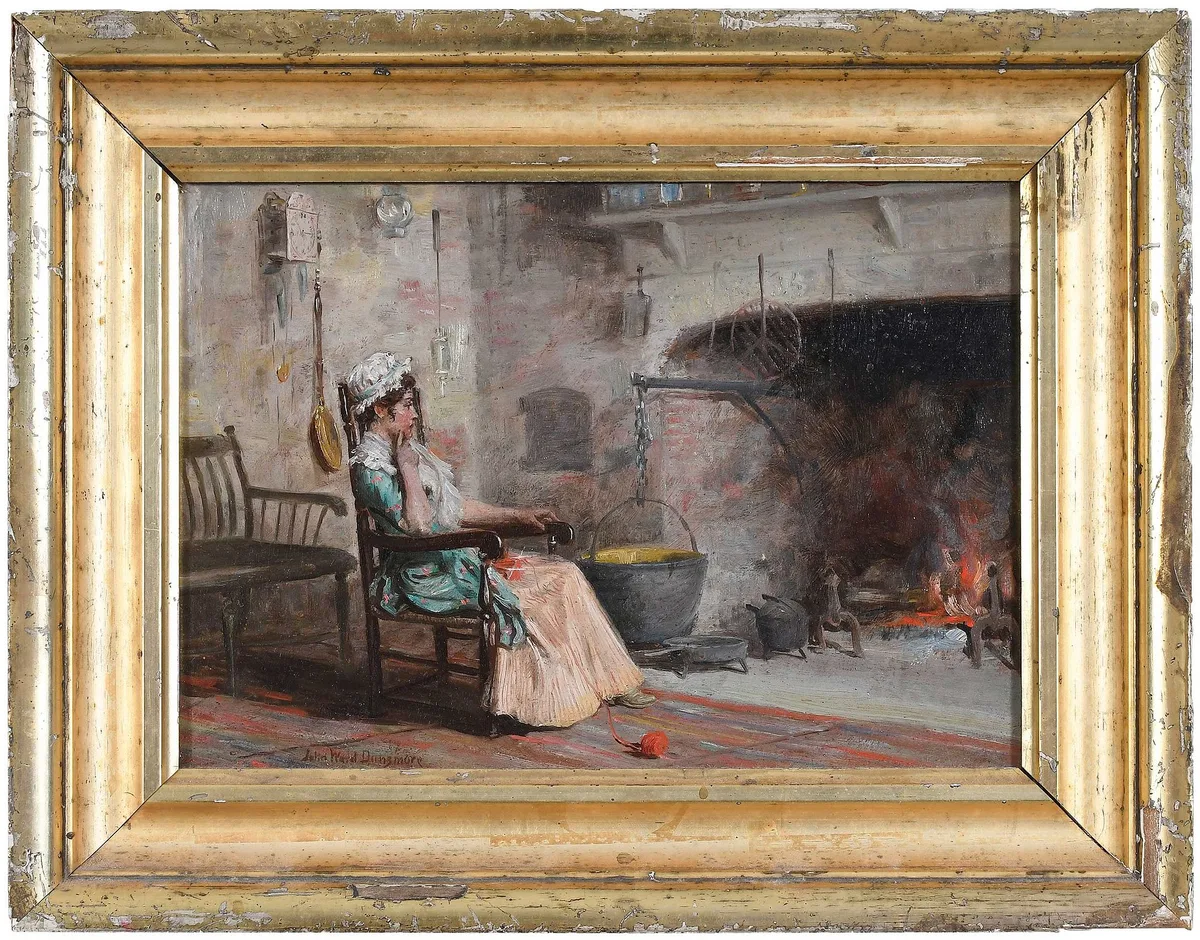 By the Fire by John Ward Dunsmore, oil on panel, sold Dec 2024