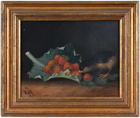 John Henry Hill, Chick Eating Strawberries on a Cabbage Leaf, oil on canvas