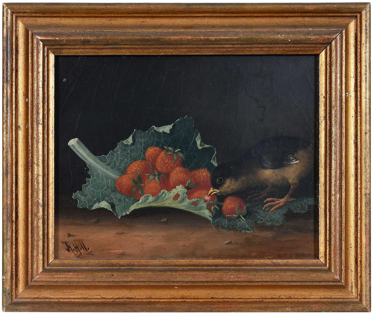 John Henry Hill, Chick Eating Strawberries on a Cabbage Leaf, oil on canvas