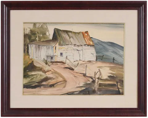 Woodstock Barn by Alfred Heber Hutty, watercolor on illustration board, sold Oct 2024