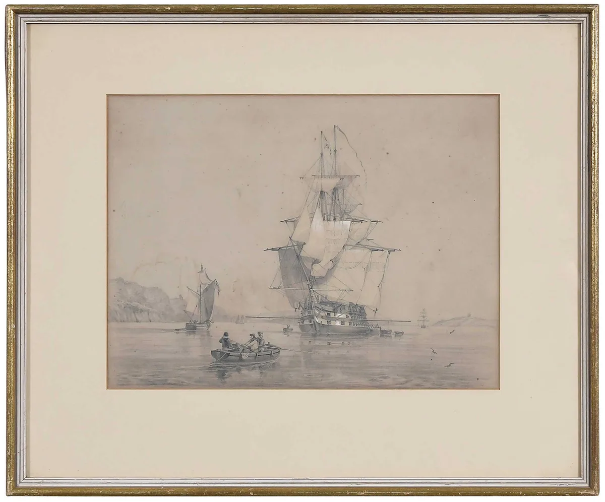 Charles Tattershall Dodd, A Ship-of-the-Line at Anchor, graphite and chalk on paper