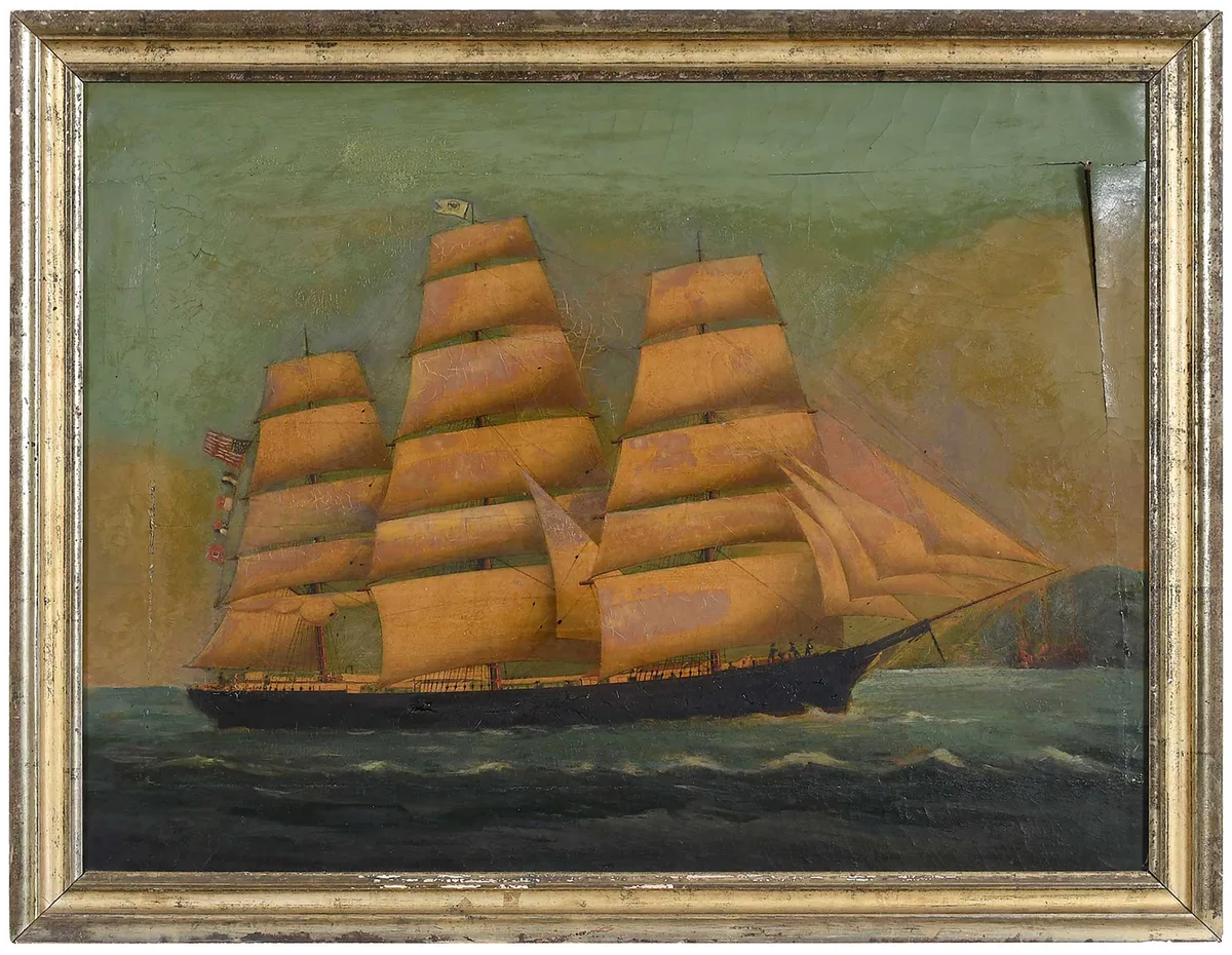 Clipper Ship by American School, oil on hardboard, sold Oct 2024