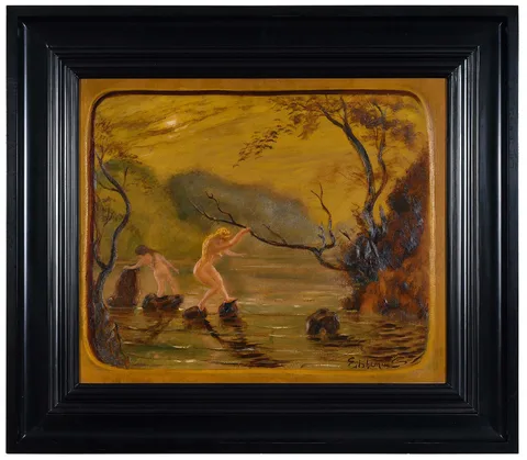 Louis Eilshemius, Nudes at the Swimming Hole, oil on board
