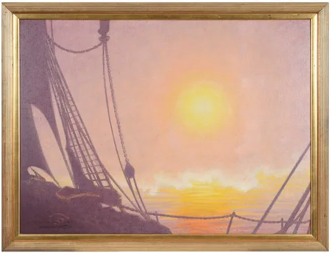 Ferdinand Bergdorff, Sun view from Sailboat, oil on Masonite