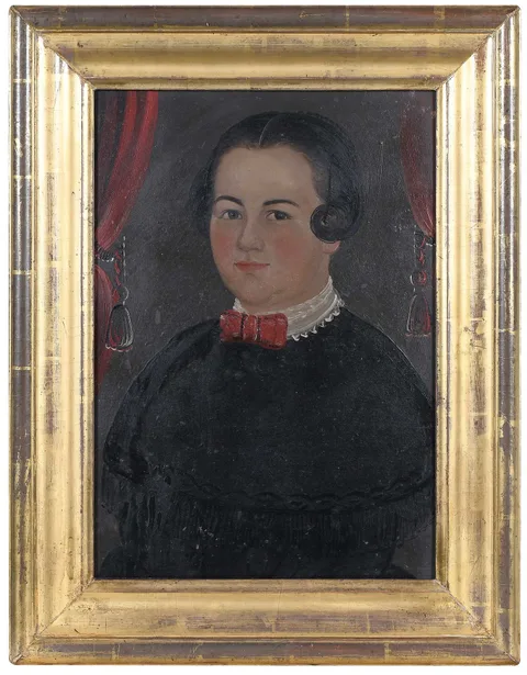 Prior-Hamblin School, Portrait of a Lady with a Hair Net and Red Bow, oil on board