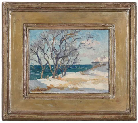 Marguerite Stuber Pearson, Winter in Rockport, Massachusetts, oil on canvas board