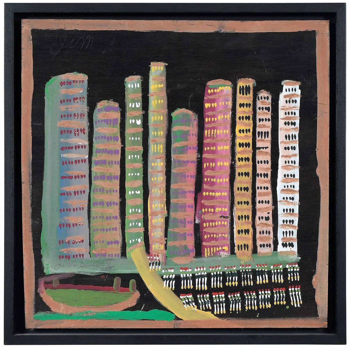 Cityscape by Jimmy Lee Sudduth, paint and mud on board, sold May 2024