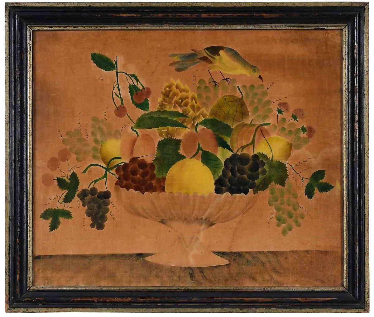 Fruit and Bird Theorem, Urn with Fruit and Yellow bird, watercolor on velvet