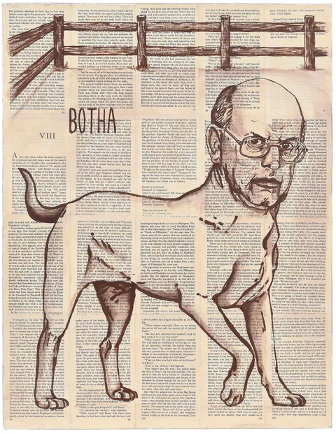 From the Animal Farm: Botha by Tim Rollins & K.O.S., 1984-87, acrylic wash on book pages on linen, sold May 2024