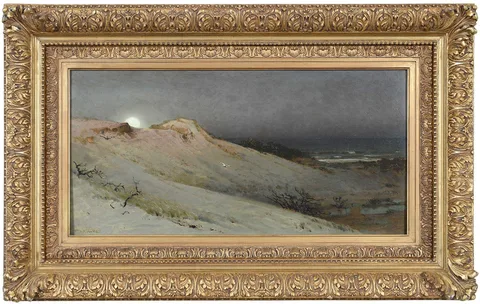 William Trost Richards, Sandhills, Moonrise, oil on board