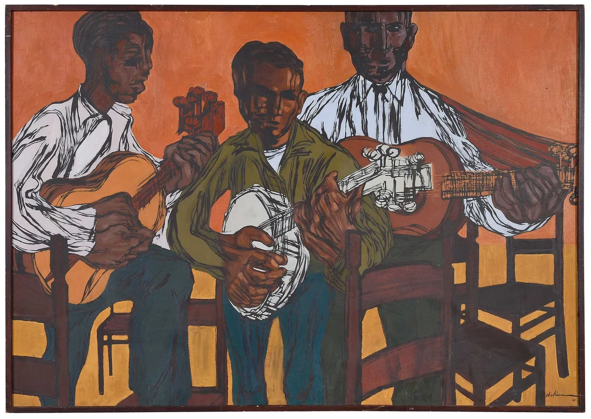 Three Musicians by Hickman, 1963, oil on canvas, sold May 2024