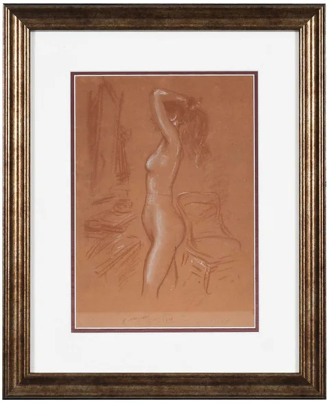 Everett Shinn, Nude Before a Mirror, 1904, sepia and white chalk on buff paper