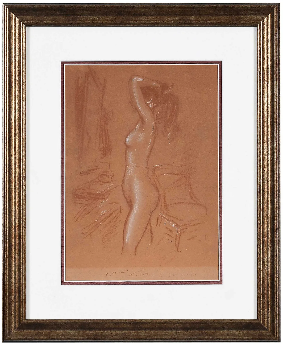 Nude Before a Mirror by Everett Shinn, 1904, sepia and white chalk on buff paper, sold Mar 2024