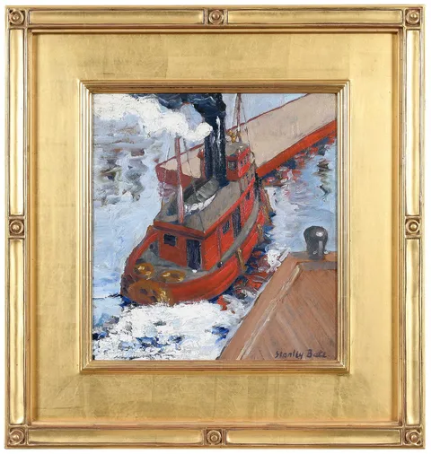 Stanley Bate, Tugboat Docking, oil on board
