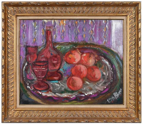 Edith C. Blum, Still Life with Red Glasses and Apples, oil on canvas