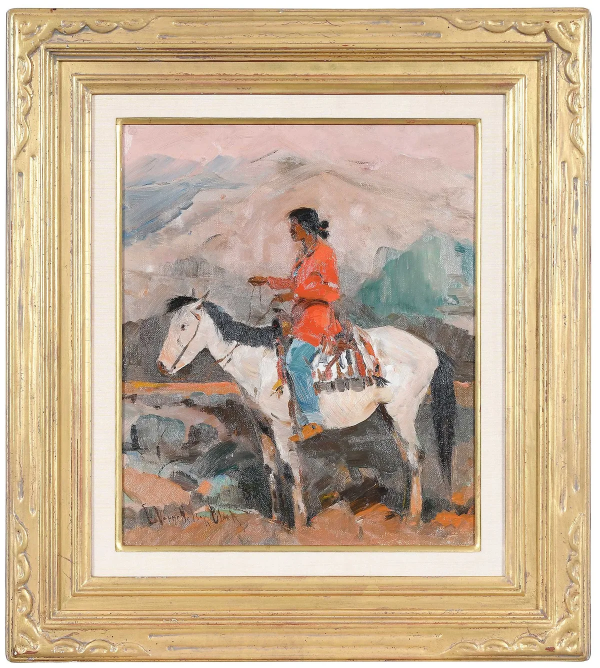 Indian on Horseback by Laverne Nelson Black, oil on canvas, sold Mar 2024