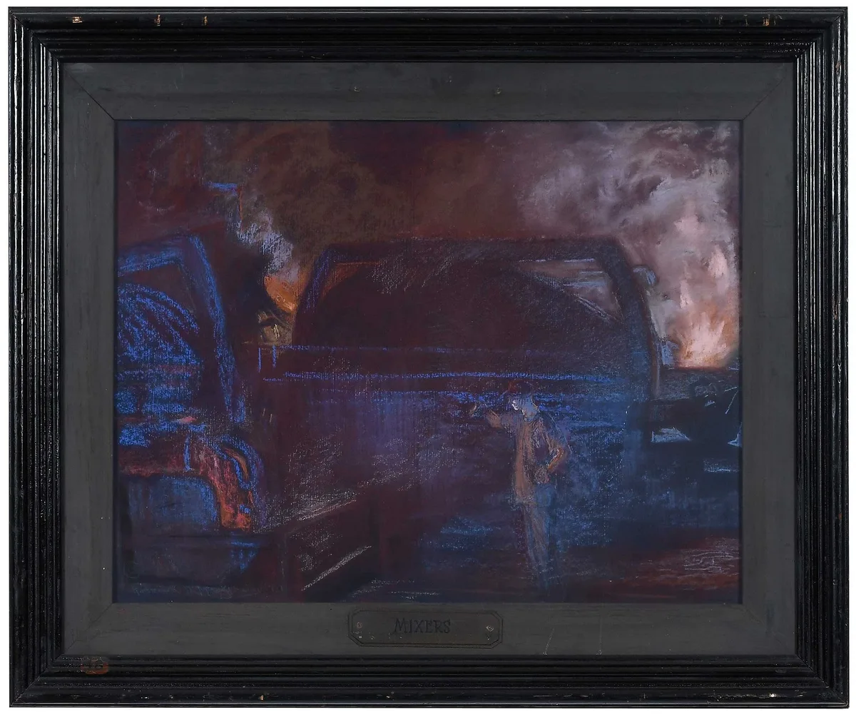 Roderick Dempster MacKenzie, Two drawings: Mixers & Pouring Iron into the Pig Machine, 1921, pastel on paper