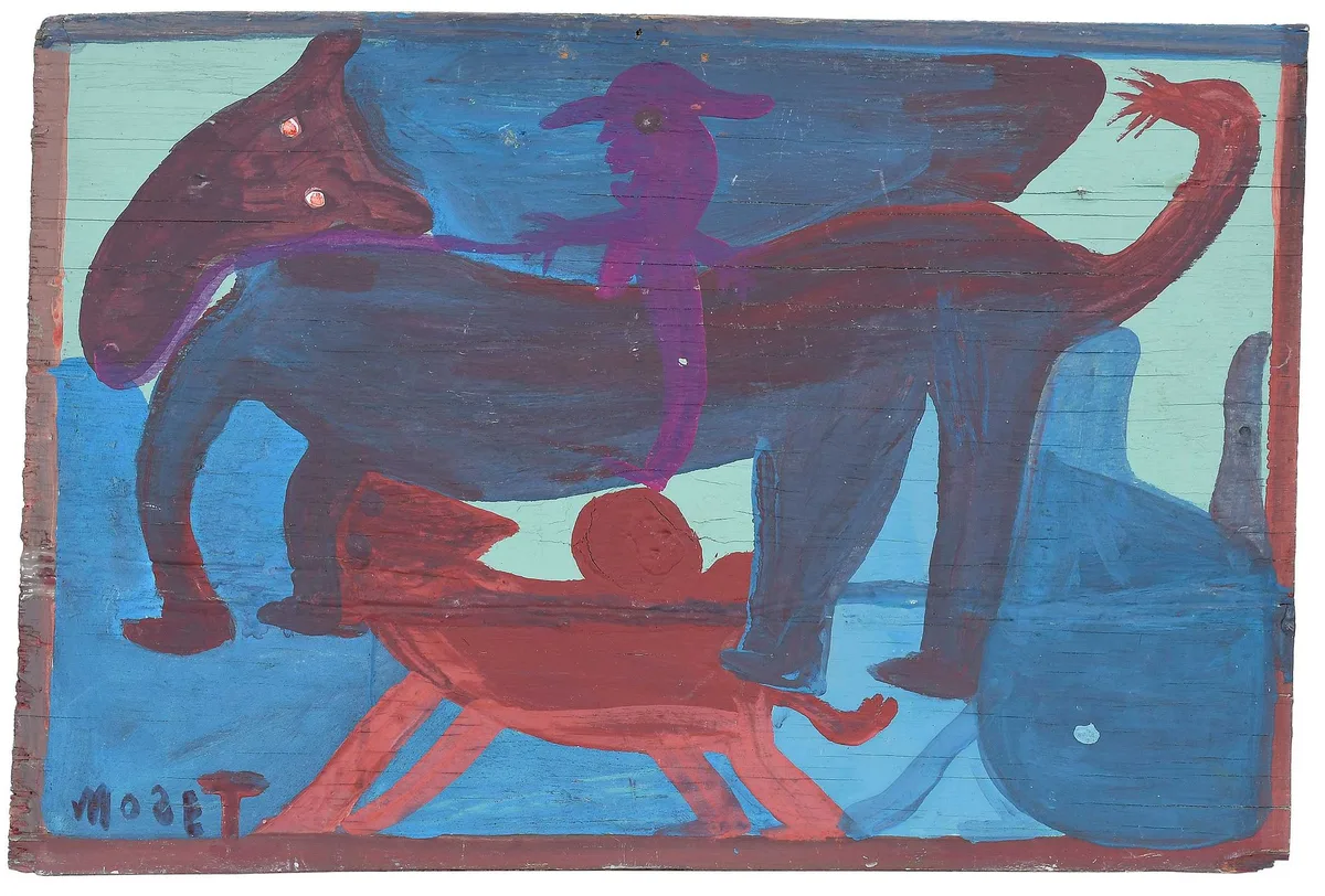 Riding Man by Mose Tolliver, paint on board, sold Mar 2024