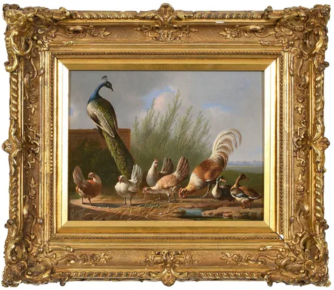 Peacock, Rooster, Chickens, and Ducks at the Edge of a Garden by Albertus Verhoesen, 1868, oil on panel, sold Jan 2024