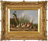 Albertus Verhoesen, Peacock, Rooster, Chickens, and Ducks at the Edge of a Garden